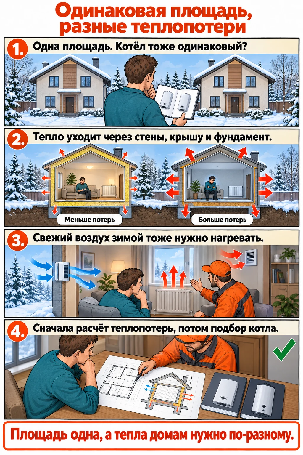 Одинаковая площадь, разные теплопотери: утепление стен, крыши и фундамента, зимняя вентиляция и подбор котла после расчёта