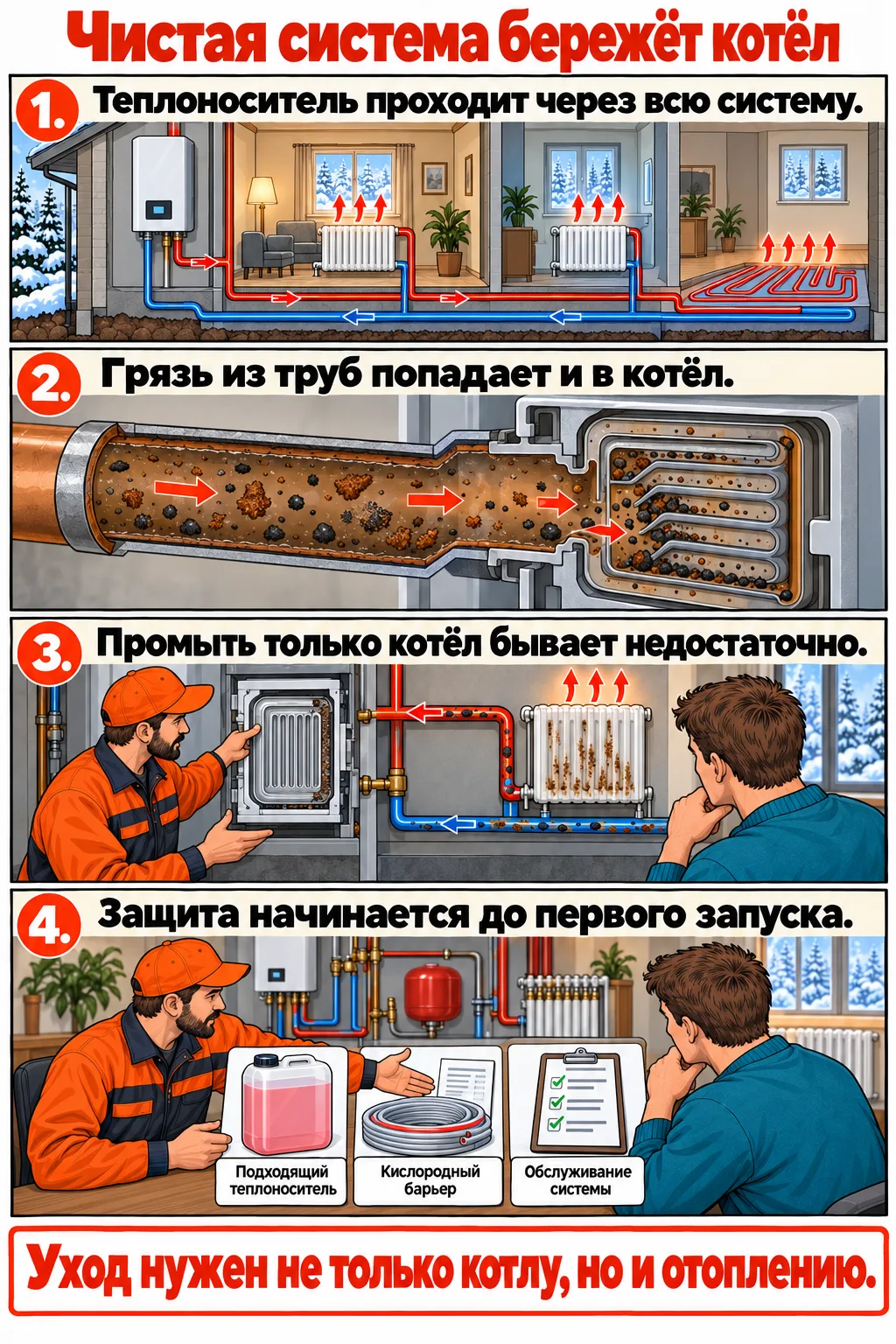 Чистая система бережёт котёл: загрязнения из отопления могут попасть в теплообменник, а профилактика включает подходящий теплоноситель, трубы с кислородным барьером и обслуживание всей системы